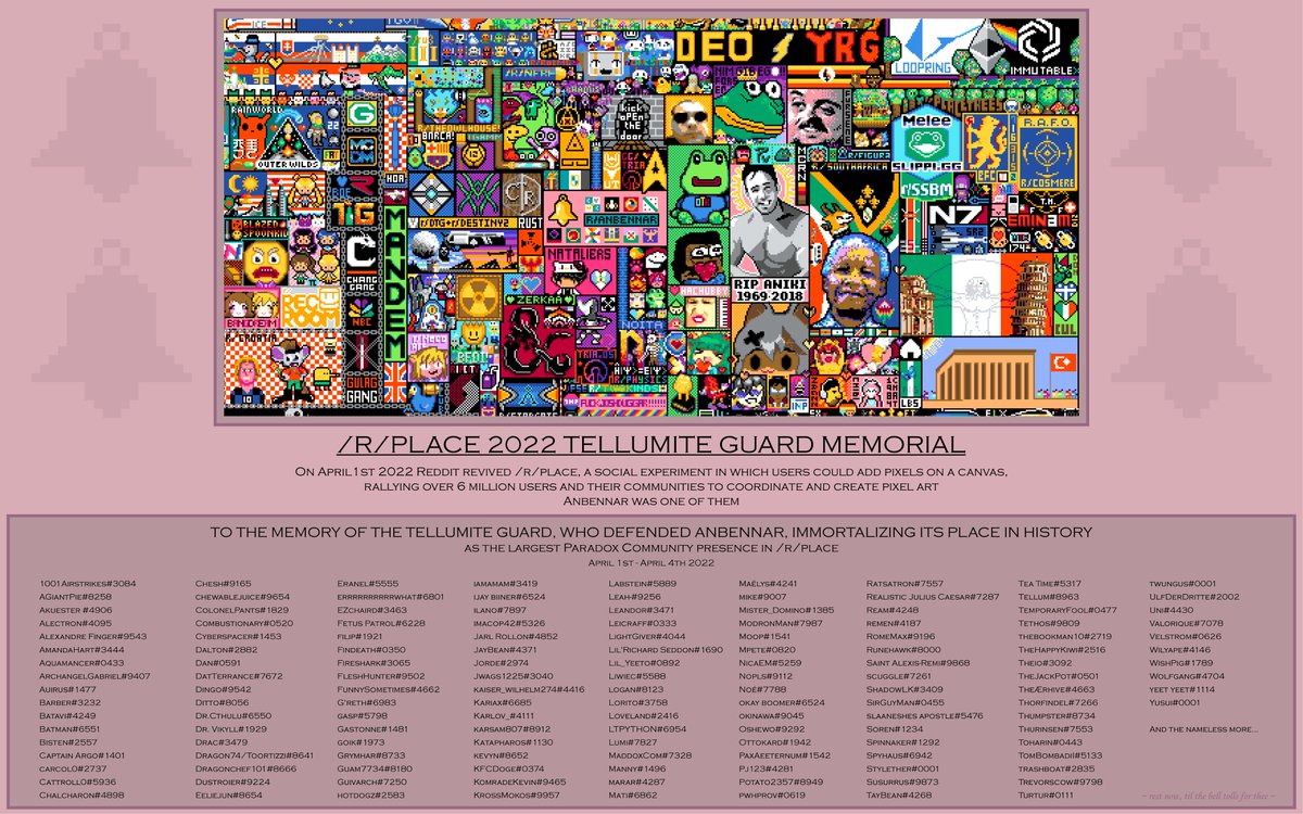 anbennar's tweet photo. Can you spot #Anbennar?

Our community bravely defended and persevered against the amogus and streamer hordes, becoming @PdxInteractive's largest presence in /r/place!

🔔 to our brave heroes, in memoriam 🔔 https://t.co/uzmflAJYrr