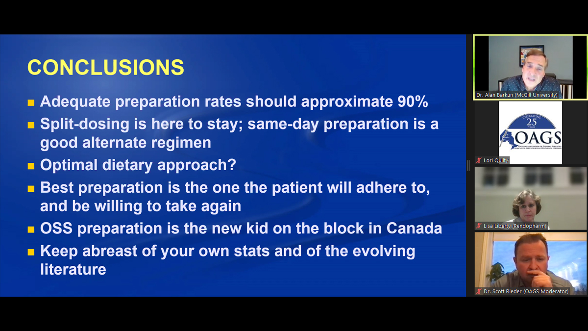 OAGS1's tweet photo. .@alan_barkun #Colonoscopy Webinar Takeaways: Know your data; ~90% of all #bowelpreps per MD need to be clean. STOP doing day-before preps. Split dose solution=high quality cleansing & high pt compliance. New OSS prep seems superior/safe. @_pharmascience_ #pendopharm #OAGS2021 https://t.co/IklBV7WAlM