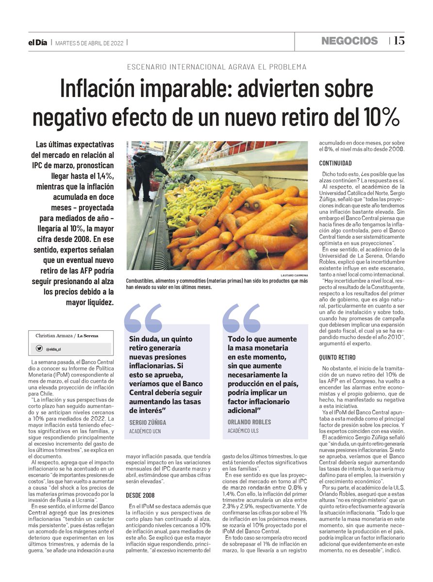 userena's tweet photo. 📱💻#ULSenMedios: Nota publicada por @eldia_cl sobre la inflación y un posible retiro de fondos, con la opinión dl académico de la #FACSEJ, Orlando Robles. https://t.co/4YqV338hmm