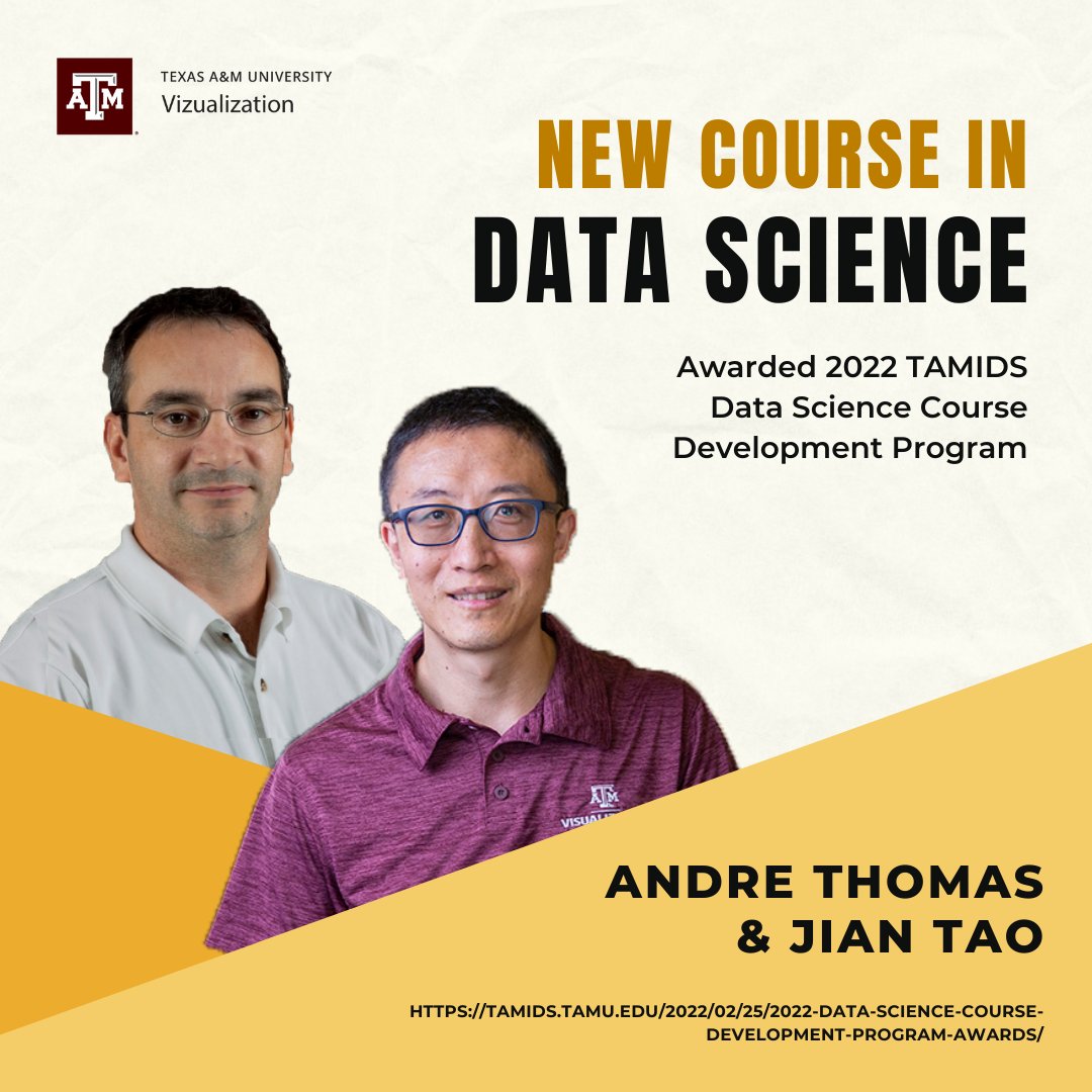 Texas A&M Institute of Data Science (TAMIDS) has announced that Andre Thomas and Jian Tao won an award that will support the creation of new courses in Data Science: Introduction to Digital Twins. Find more information below: tamids.tamu.edu/2022/02/25/202… @TAMU @TAMUARCH