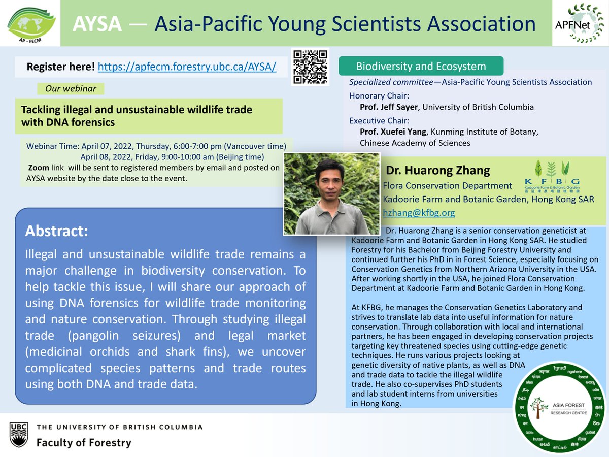 afrc_ubc's tweet image. AYSA webinar
Title: Tackling illegal and unsustainable wildlife trade with DNA forensics
Time: April 07, 2022, Thursday, 6:00-7:00 pm (Vancouver time) /April 08, 2022, Friday, 9:00-10:00 am (GMT+8)
Zoom link: ubc.zoom.us/j/69489194122?…
Meeting ID: 694 8919 4122
Passcode: 908878