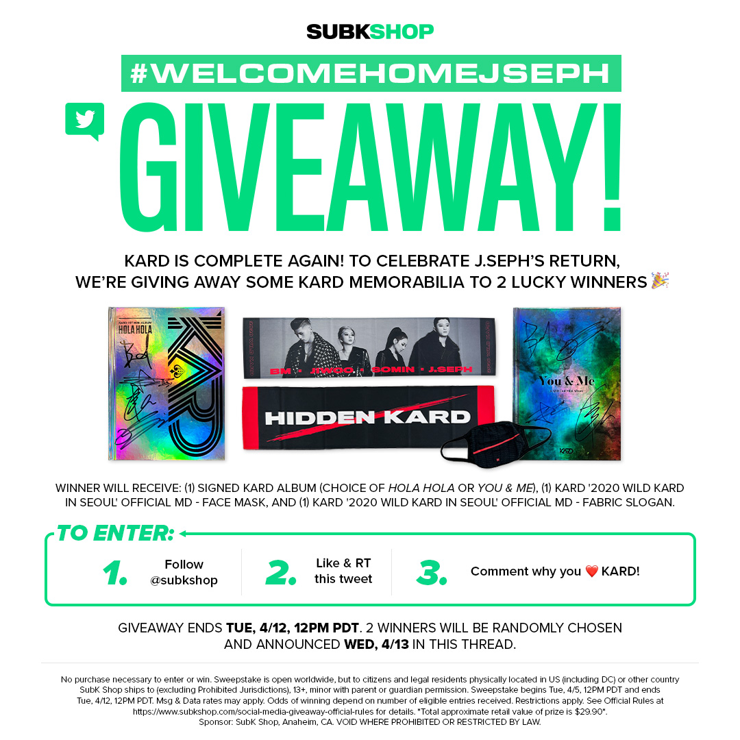 🚨 GIVEAWAY 🚨

KARD is complete again! To celebrate J.Seph’s return, we’re giving away some KARD memorabilia to 2 lucky winners 🎉

To enter:
1. Follow <a href="/subkshop/">SubK Shop</a>
2. Like &amp; RT this tweet
3. Comment why you ❤️ KARD!

#WelcomeHomeJseph #KARD #카드
#SUBKSHOP #SUBKSQUAD