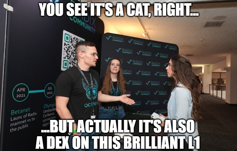Radix_ecosystem's tweet photo. Our friend Lukas from #Ociswap explaining the wonders of $XRD and $OCI at #CryptoWorldCon and it even made for a great meme template😂🔥 https://t.co/4yFWxtQkwn