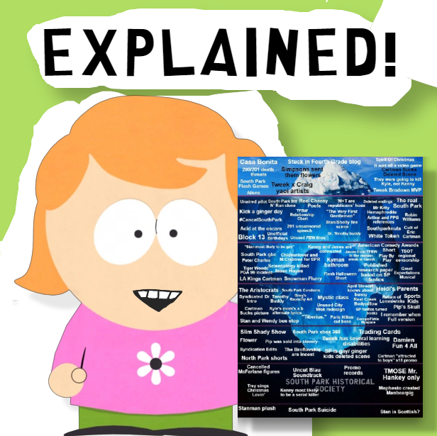 SouthparkHS's tweet photo. 'Member our iceberg? The lovely @Bloomser1 (Who you might remember for ranking every SP episode) has collaborated with us and explained our Iceberg!
We will also add extra details here on our twitter, so stick around for that!
https://t.co/0Bg0XvAvzb https://t.co/Xl7E6RbeTv