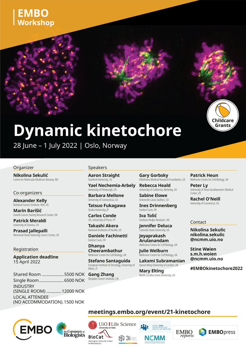 Only 10 days remain to register and submit an abstract for the Dynamic Kinetochore EMBO Workshop in beautiful Oslo! Spaces are filling up. meetings.embo.org/event/21-kinet… 
We especially encourage early career scientists (students, postdocs, and PIs) to apply. #EMBOkinetochore2022