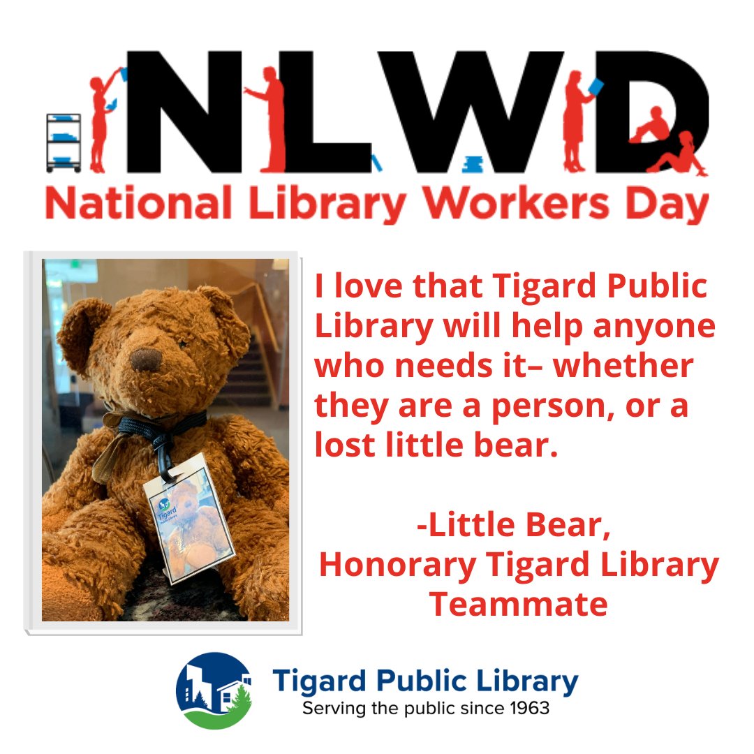 TigardLibrary's tweet photo. Today is National Library Worker's Day! Check back all day to learn more about members of our team. 

#Tigard #TigardLibrary #OregonLibrary #NationalLibraryWeek #LibrariesTransform https://t.co/cFfADlLHFm