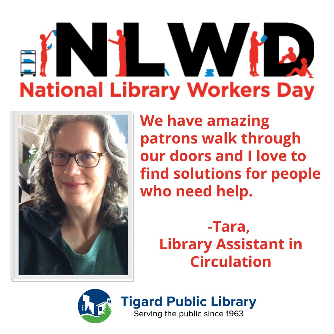 TigardLibrary's tweet photo. Today is National Library Worker's Day! Check back all day to learn more about members of our team. 

#Tigard #TigardLibrary #OregonLibrary #NationalLibraryWeek #LibrariesTransform https://t.co/cFfADlLHFm