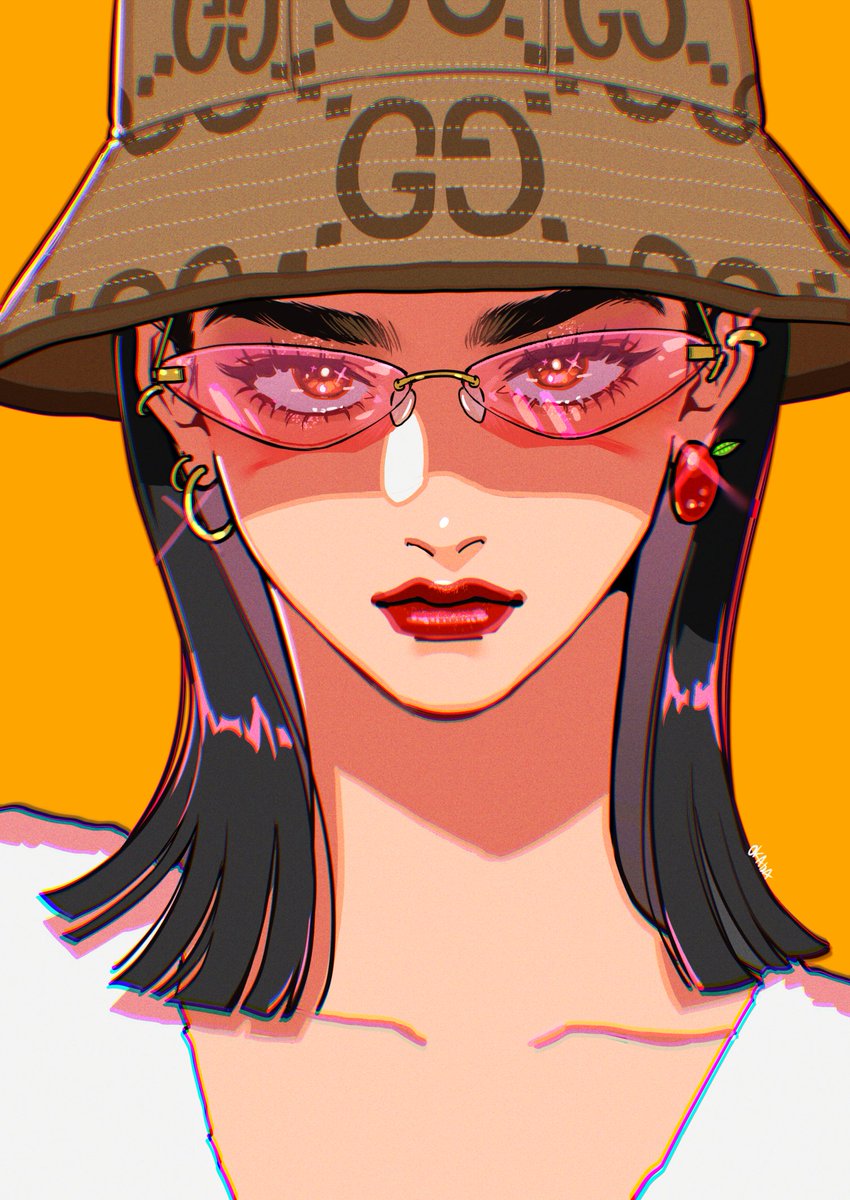 1girl solo jewelry earrings hat black hair portrait  illustration images