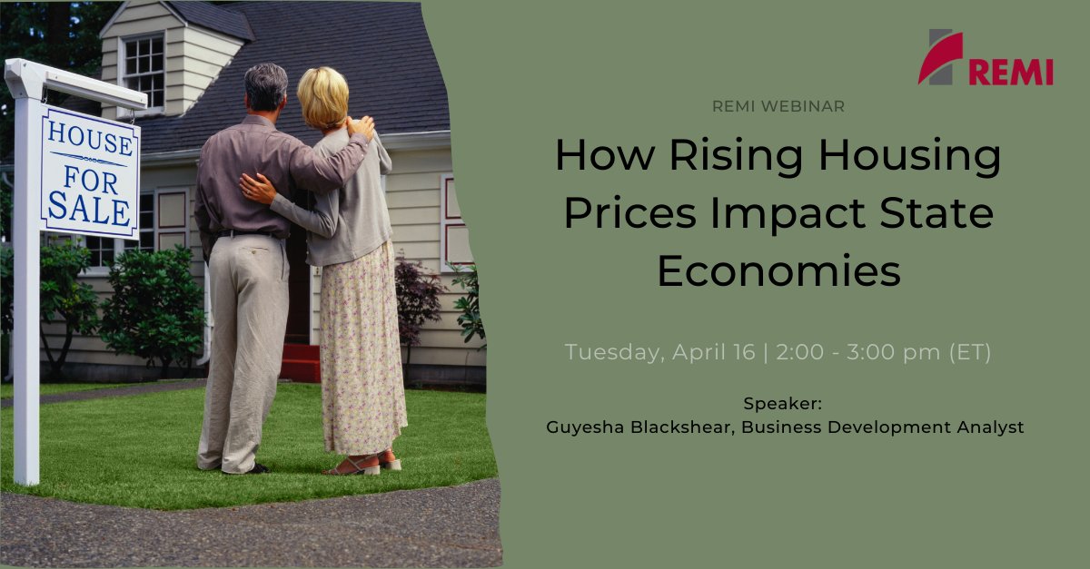 REMI invites you to attend our webinar on April 12, from 2:00 to 3:00 p.m. (ET). We will be hosting an educational webinar, "How Rising Housing Prices impact State Economies," demonstrating our Tax PI model. 

Register: remi.com/event/housing-…