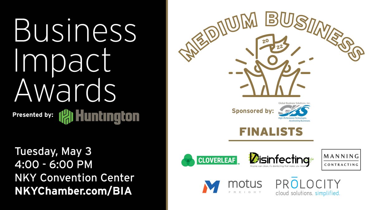 nkychamber's tweet image. These finalists for the Business Impact Awards – Medium Business Award are known for providing outstanding goods and services: @cloverleafme, @Disinfecting4U, @MannContracting, @MotusFreight and @Prolocity. Register for the Awards on May 3: nkychamber.com/BIA