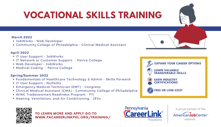 Do you want to advance or change your career? Apply now to FREE or low-cost training opportunities through PA CareerLink® Philadelphia. Earn industry certifications or college credit. Explore opportunities here: pacareerlinkphl.org/training/