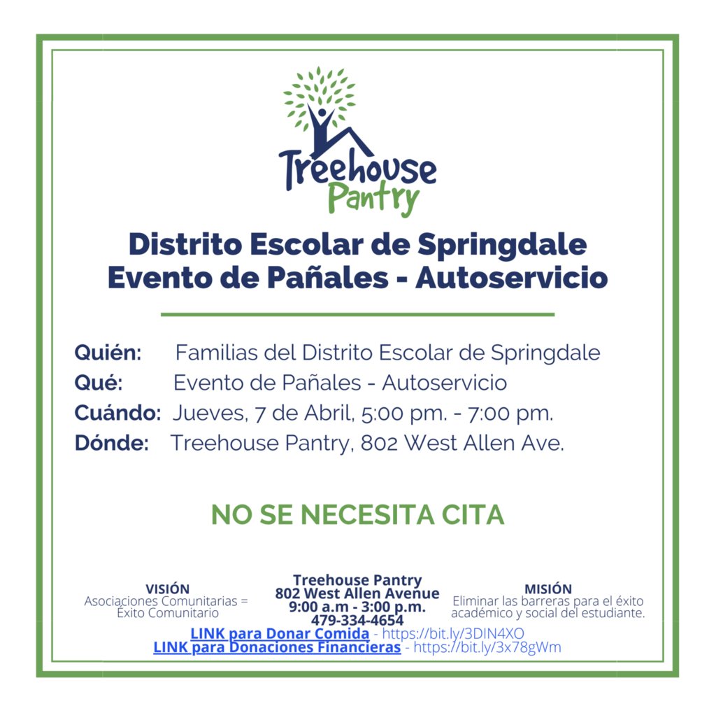 WalkerWildcats1's tweet photo. Save the Date! On Thursday, April 7, the Treehouse Pantry will have a drive-through diaper giveaway for the Springdale School District. No appointment needed. https://t.co/HtKodXq7JQ