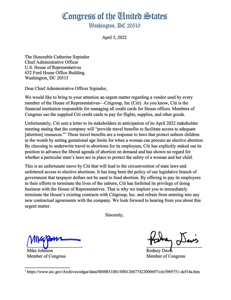 SpeakerJohnson's tweet photo. 🚨BREAKING

Following Citigroup’s announcement that it will cover abortion expenses for its employees, House Republicans are calling to terminate Citi’s contract to provide financial services to the House.

Citi has forfeited the privilege of doing business with Congress. https://t.co/tZoH0ZbSTo