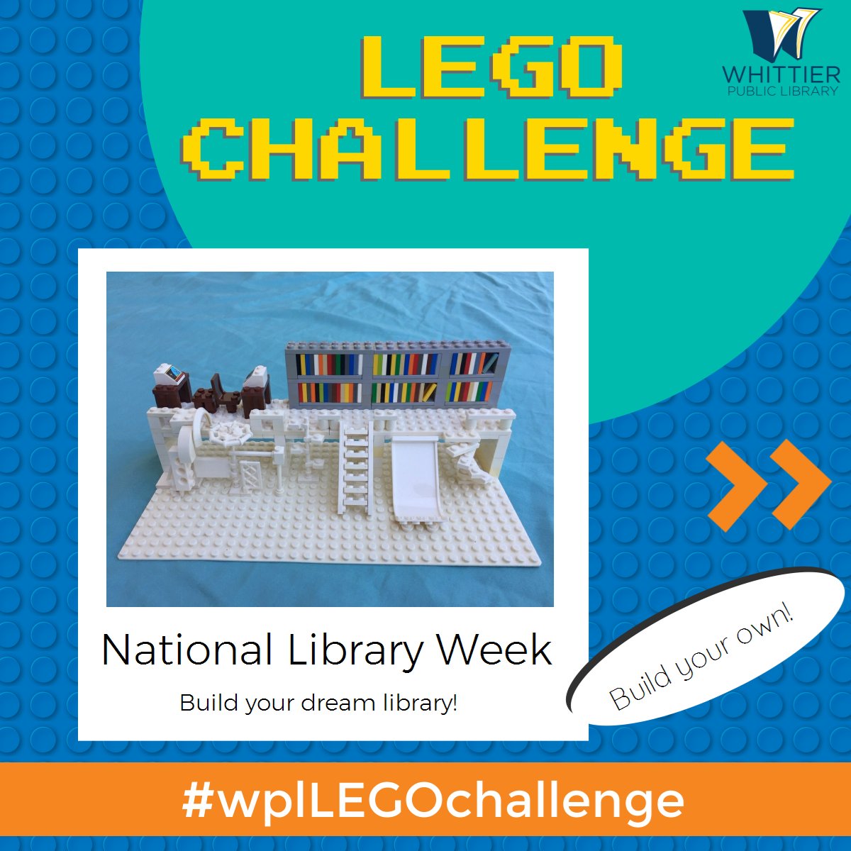 WhittierPubLib's tweet photo. It’s National Library Week!  Celebrate with us by creating your dream library with LEGO bricks.
Use the hashtag #wpllegochallenge https://t.co/NQPCShLeK9