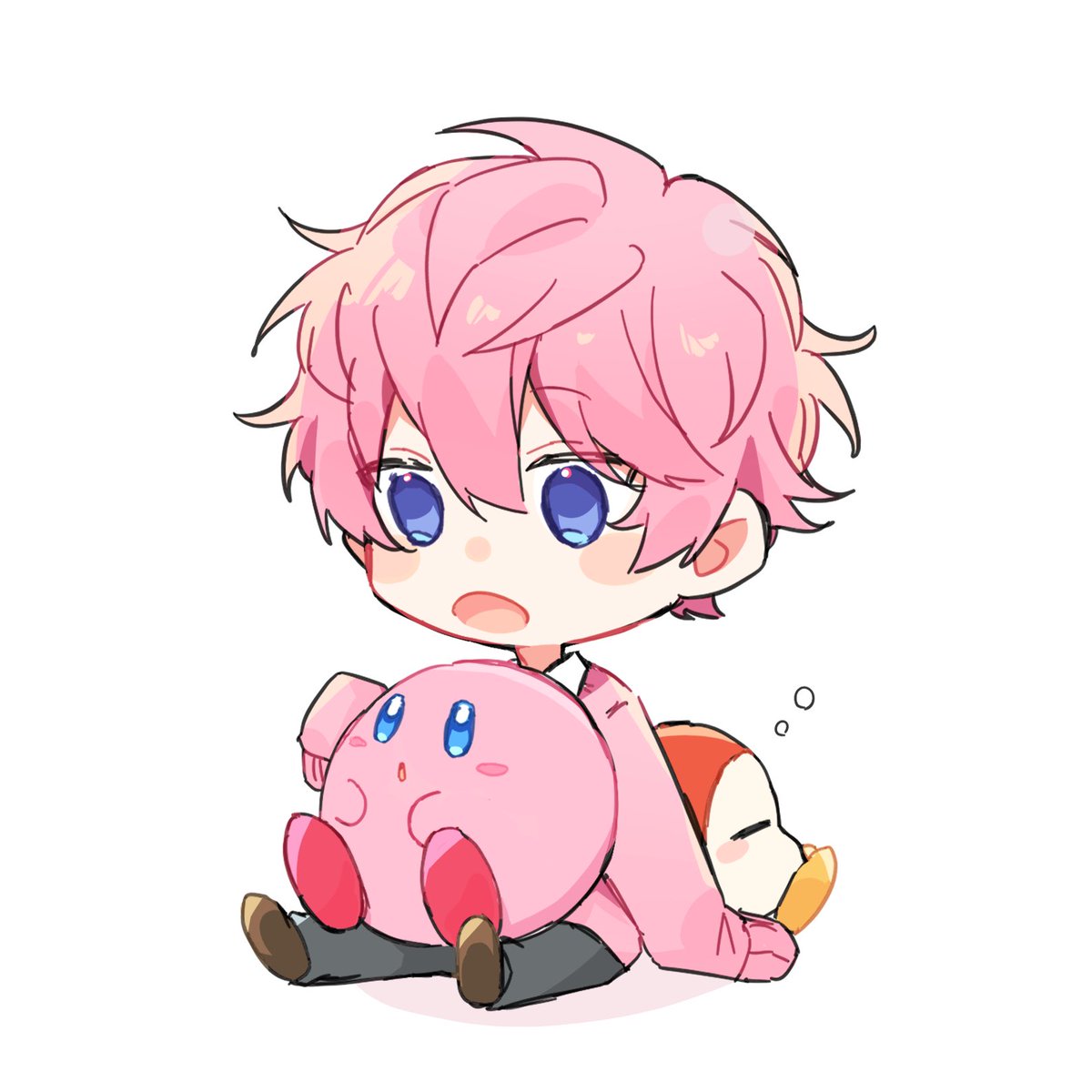 kirby pink hair blue eyes crossover sitting white background 1boy male focus  illustration images