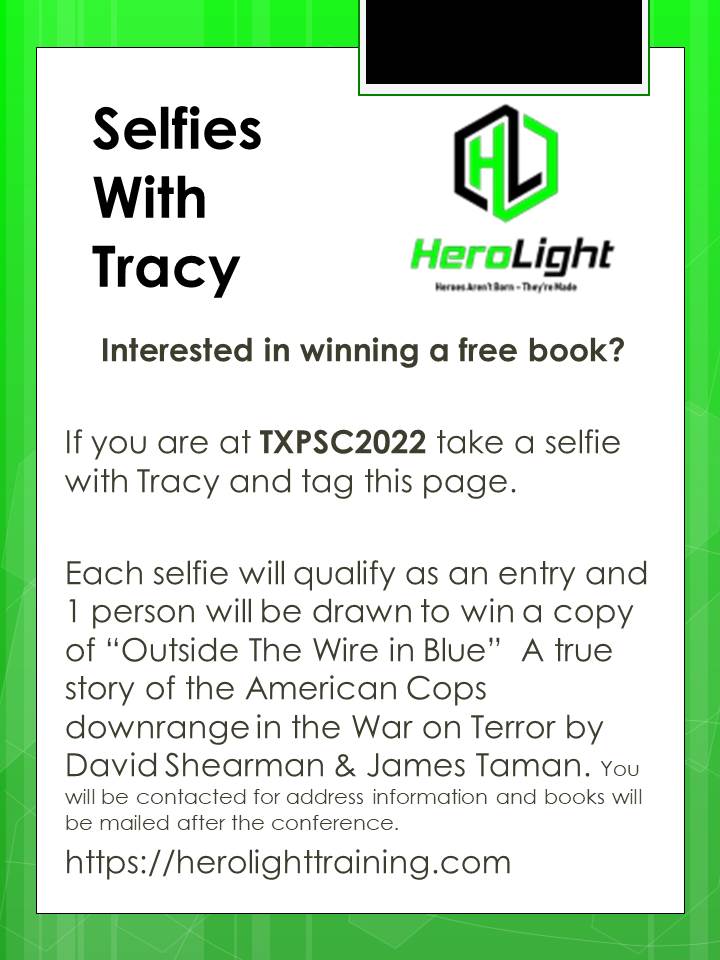 Interested in winning a free book?
If you are at TXPSC2022 take a selfie with Tracy and tag this page. Each selfie will qualify as an entry and 1 person will be drawn to win a copy of “Outside The Wire in Blue”  book will be mailed after the conference.
https://t.co/mQJ4p8nvo9 https://t.co/AUpxCDQIi3