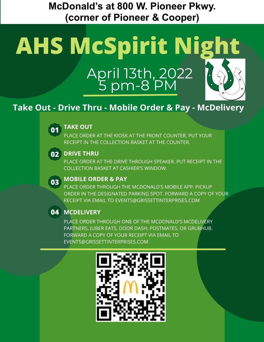 ahsstumedia's tweet photo. Support @ArlingtonHigh! Eat at McDonald's on Pioneer &amp; Cooper on April 13. Thank you! Kick 'em! #arlingtonhighcolts #ahsstudentmedia https://t.co/znkXFyKI59