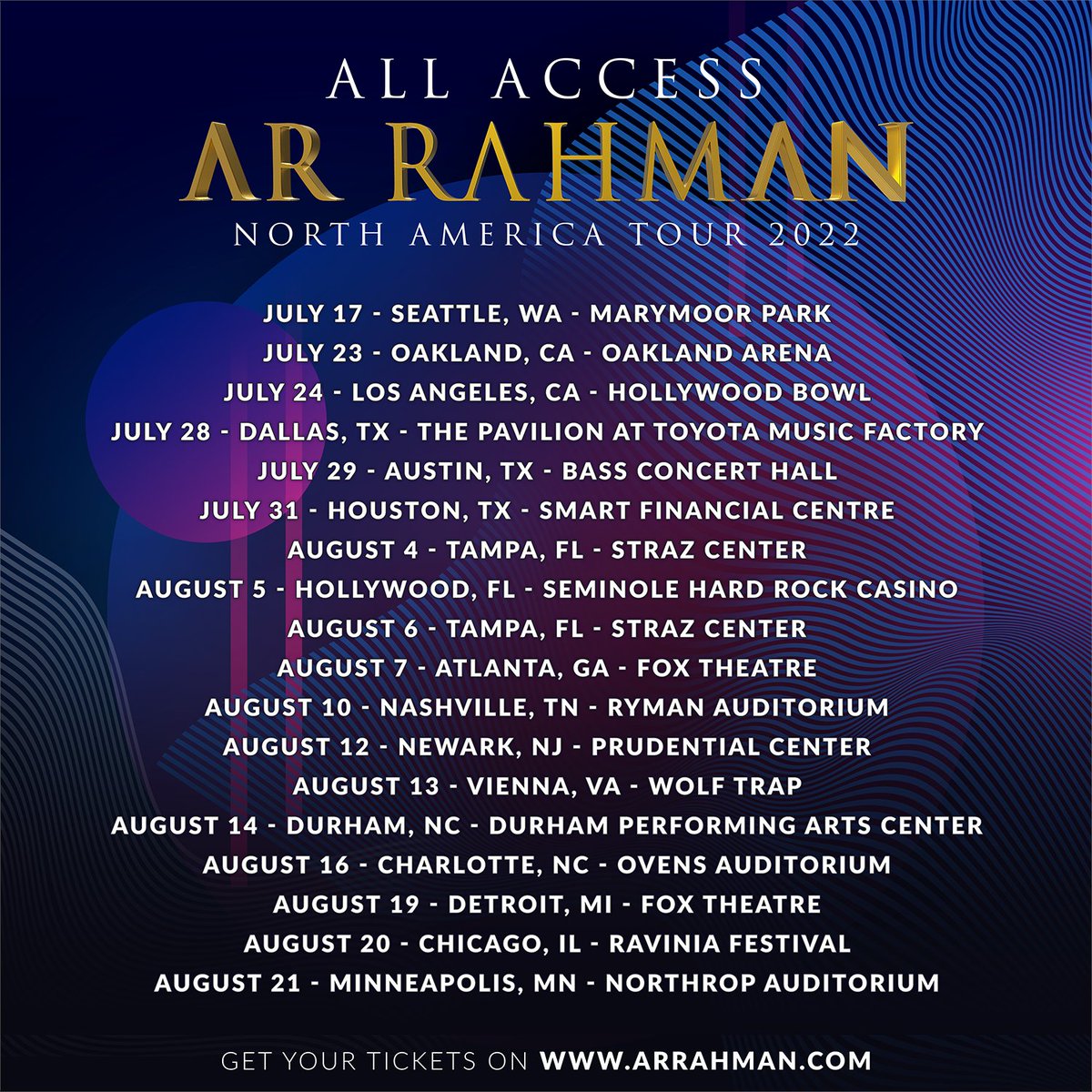 Hello North America! Here is the updated itinerary for the All Access AR Rahman Tour!
Check out the newly added cities! Tickets available on arrahman.com

#arrahman #arrahmanlive #allaccessarrahman #northamericatour #healingworld #EPI