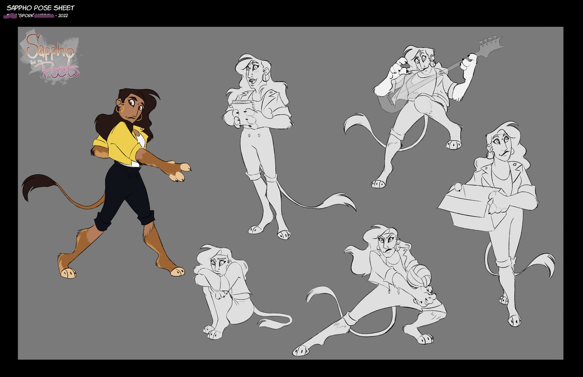Spork_Art's tweet photo. Im so intrigued by modern things in a fantasy setting so i’ve been working on this non human rock band. first up is the titular character Sappho. She a sphynx, the songwriter and bassist of her band :0 more members to come https://t.co/1uodZRDm1R