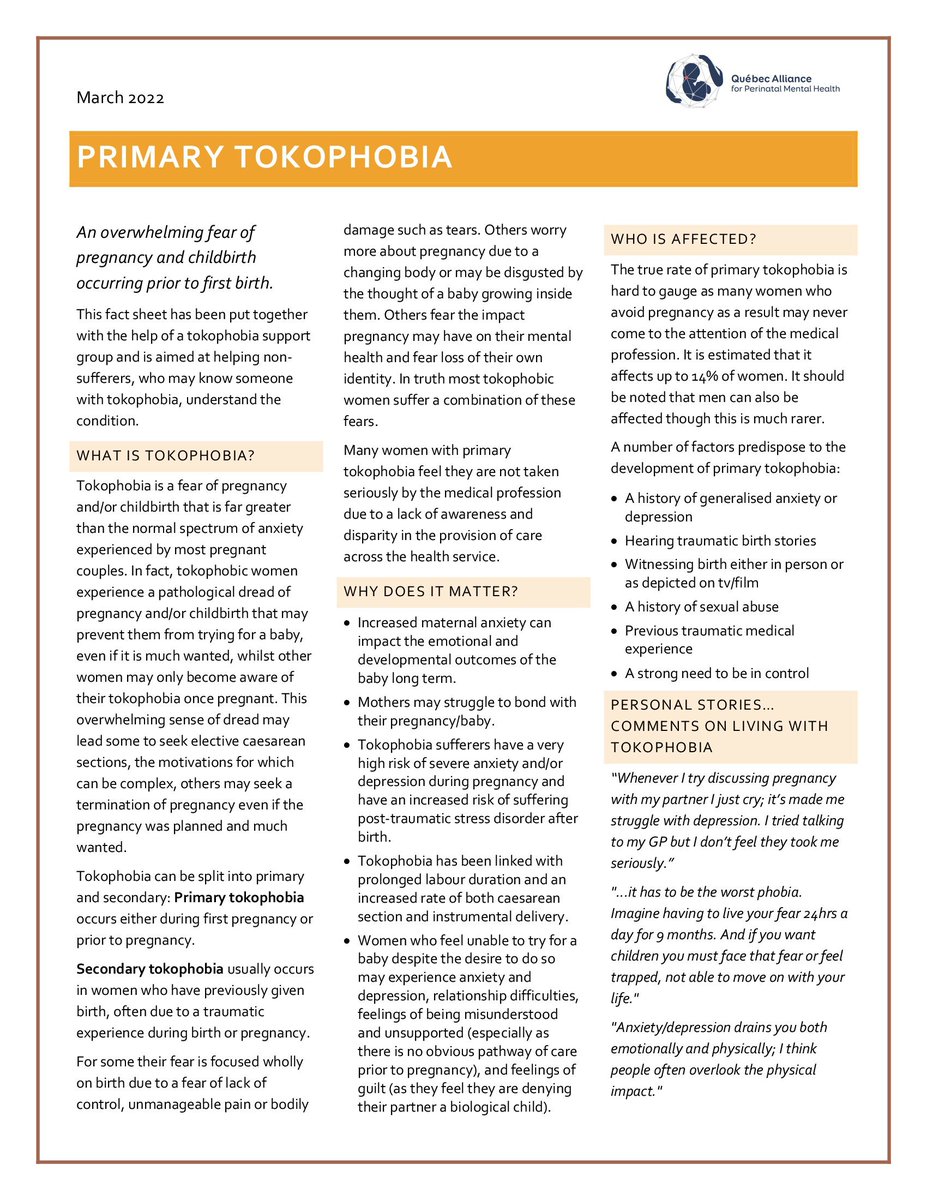 Tocophobie's tweet photo. Primary tokophobia | Fact sheet aimed at helping non-sufferers, who may know someone with tokophobia, understand the condition, including health care professionals
#tocophobia #specificphobia #cdnhealth
Downloadable PDF file: https://t.co/15w8r4dJZQ https://t.co/pF7r08b5yN