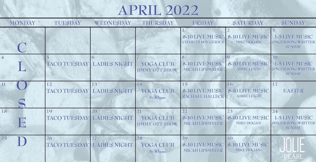 JoliePearl2014's tweet photo. Here’s what’s #Shuckin this month!
🌮 Tuesday
$10 Fish Taco Special
🍻 Wednesday
Ladies Night, $5 Specialty Margaritas
🧘♂️ Thursday
6:30 Jolie Pearl Yoga Club
🎤 Friday / Saturday
8-10 pm Live Music
🥂 Sunday
$12 Bottomless Mimosas
1-5 pm Singer Songwriter Sunday https://t.co/2fLtBXUG8C