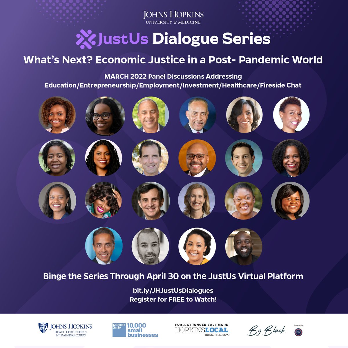 Did you miss the JustUs Dialogue Series? Watch the replays for FREE on the virtual platform until Saturday, April 30! 

Once you enter the lobby click on the panel graphic to watch - bit.ly/JHJustUsDialog…. 

Share your feedback with the team via email – JHConnects@jhu.edu.