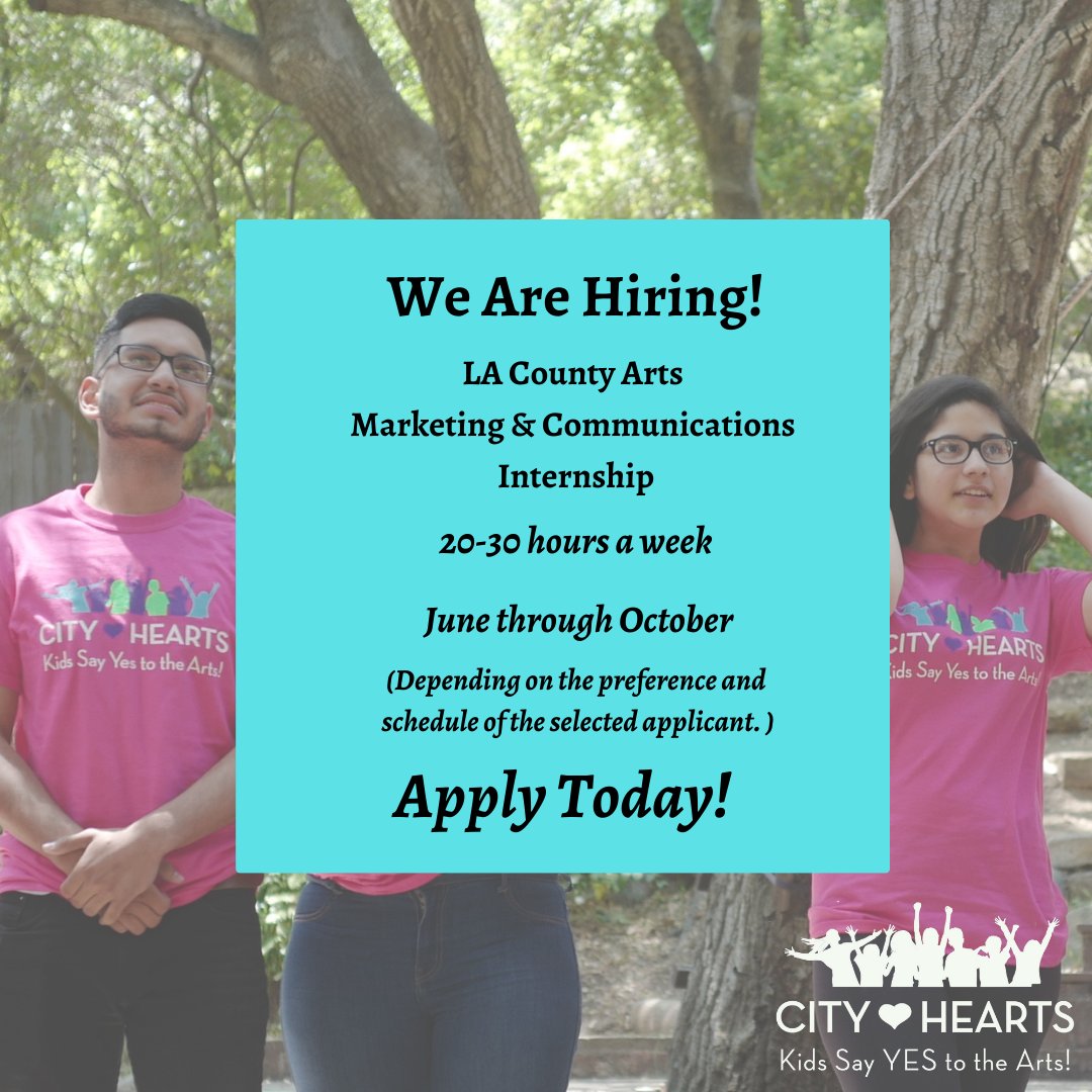 CityHeartsLA's tweet photo. Big News! 🎉  City Hearts is excited to announce we are looking for a Marketing &amp; Communications intern!

Our future intern will take the lead in the development of marketing &amp; outreach materials for our #artsorganization! 

Apply here > https://t.co/HNQDmlVNK9 

 @LACountyArts https://t.co/qYT77j0Gmu