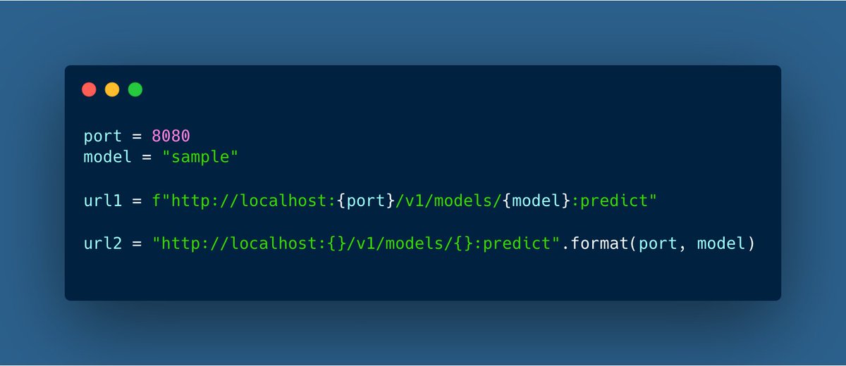 svpino's tweet photo. I find many Python developers using format() to build strings.

format() is much harder to read in comparison with f-strings. Look at the difference between url1 and url2 in the attached image.

Understanding how f-strings work is an immediate improvement to your skills. https://t.co/VhB4FXGLRb