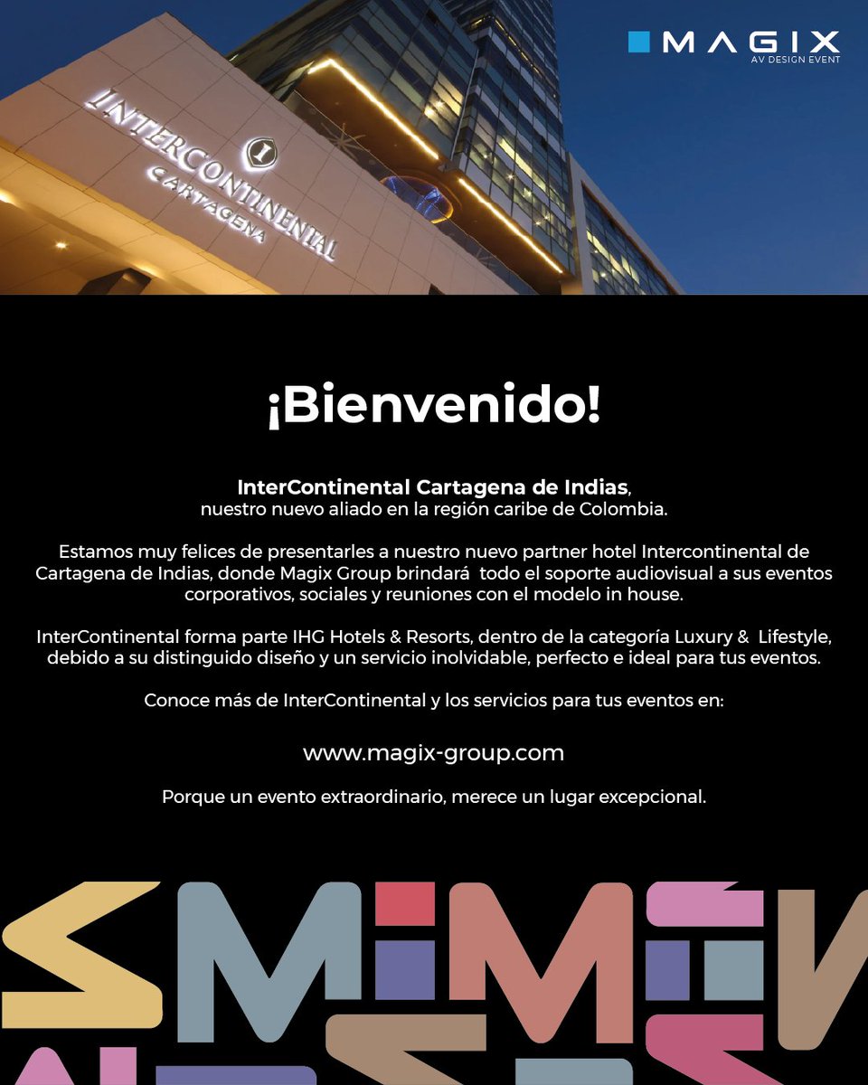 magixgroup's tweet photo. ¡Bienvenido Hotel InterContinental Cartagena de Indias! @InterConCtg 

En #MagixGroup estamos sumamente felices de presentar y hacer oficial a nuestro nuevo partner hotel, donde estaremos brindando todo el soporte audiovisual a los eventos realizados en este lugar excepcional. https://t.co/aBpfssEK9E