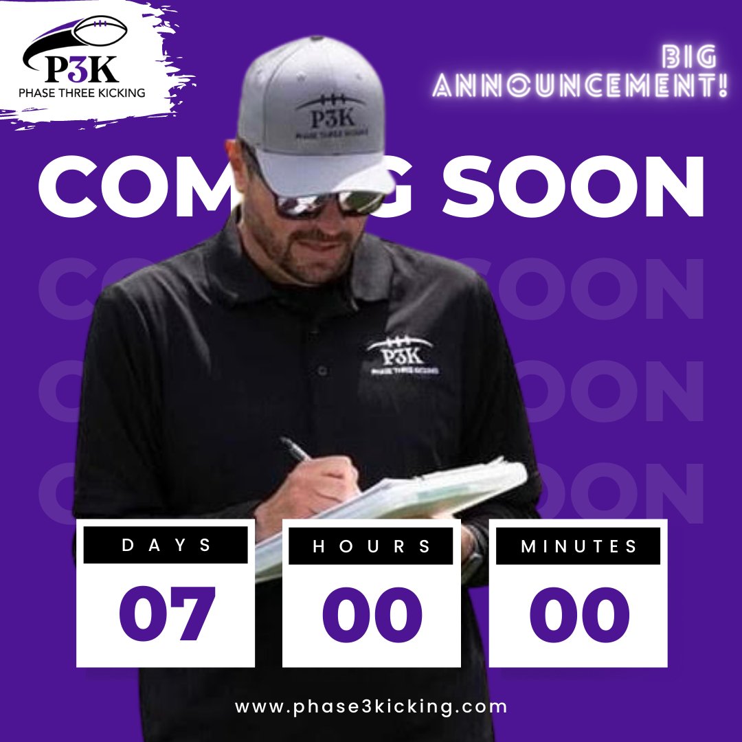Phase3Kicking is entering a new era, are you ready? 😎

Be sure to tune in every day through our daily countdown for a big announcement next Wednesday! 🤩

Just wait, it's gonna be big 🤫
.
.
.
#Kicking #Football #Phase3Kicking #HSFootball #CollegeFootball  #KickingCamp #Wilson