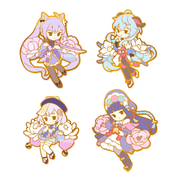 Camellia, glaze lily, chrysanthemum, and China rose 🌹 Kickstarter for these pin designs are right around the corner and I'm so excited 🥺❤️ #ganyu #keqing 