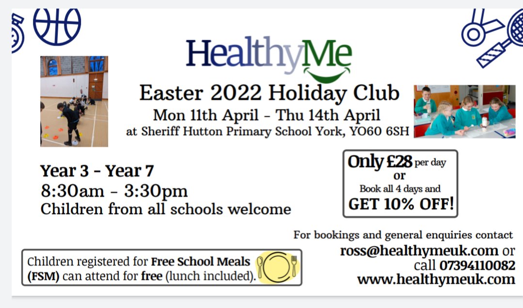 healthyme_uk's tweet photo. Fantastic opportunity for #Year3 , #Year4 , #Year5 , #Year6 &amp; #Year7 pupils.

HealthyMe Easter Holiday Club
Mon 11th April - Thurs 14th April
ross@healthymeuk.com

Football, dodgeball, dance, rounders, cooking, mental health &amp; more @YorkFIS @LittleVikingsUK @YorkEducation https://t.co/6jolu9GJ0K