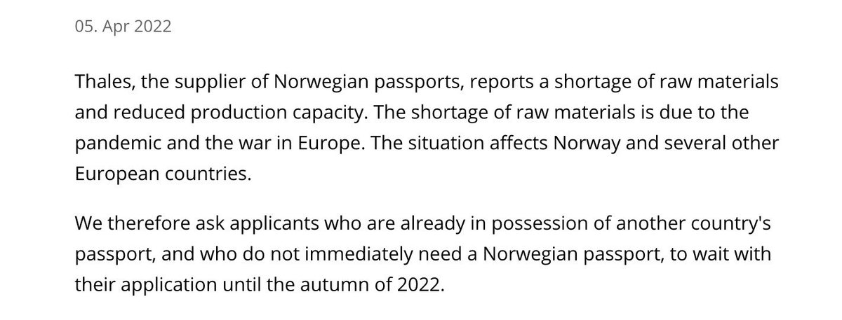 tomcvar's tweet image. I for one did not expect the Norwegian passport supply chain to be affected by the war in Ukraine. But here we are