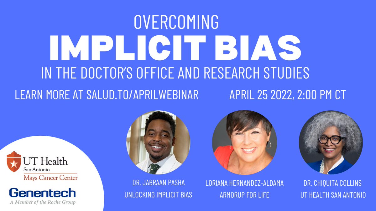 Salud America! (@saludamerica) on Twitter photo 🚨 UPCOMING WEBINAR 🚨
Everyone has implicit bias. Even physicians, nurses, and other healthcare workers.
Learn from expert panelists <a href="/JabraanPasha/">Jabraan Pasha</a>, <a href="/CCollinsPhD/">Chiquita A. Collins</a>, and <a href="/LorianaArmorUp/">ArmorUp for Life</a> on how we can rewire bias and provide better patient care.
Register: salud.to/aprilwebinar 🚨 UPCOMING WEBINAR 🚨
Everyone has implicit bias. Even physicians, nurses, and other healthcare workers.
Learn from expert panelists <a href="/JabraanPasha/">Jabraan Pasha</a>, <a href="/CCollinsPhD/">Chiquita A. Collins</a>, and <a href="/LorianaArmorUp/">ArmorUp for Life</a> on how we can rewire bias and provide better patient care.
Register: salud.to/aprilwebinar