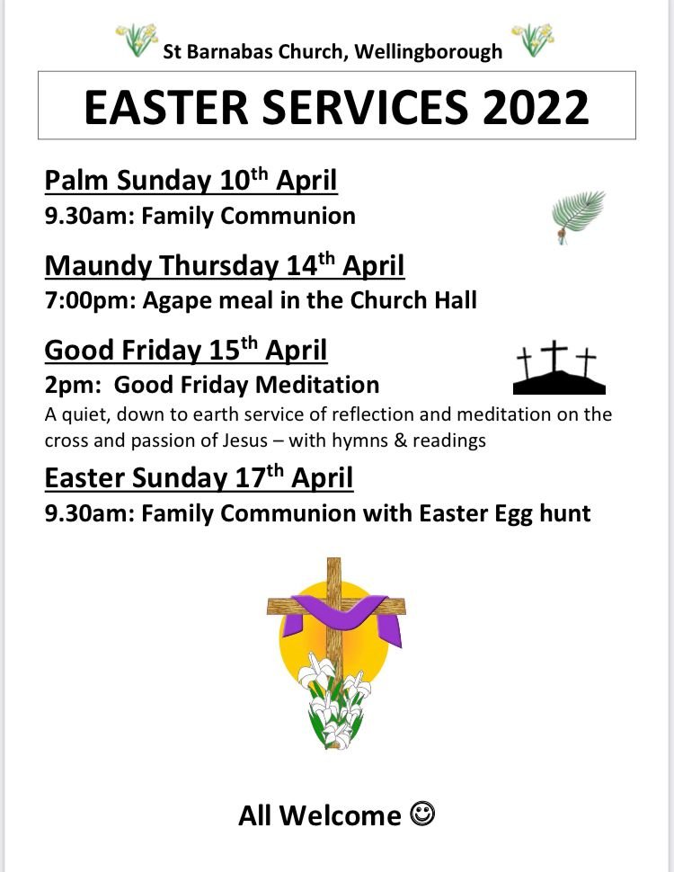 Join us for worship during Holy Week and for Easter Sunday. Lots of different ways to worship with us at both churches. 

All welcome.