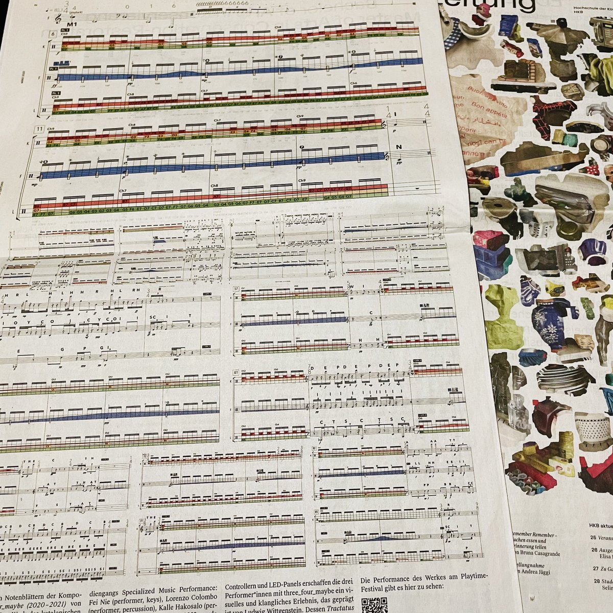 xavierbonfill's tweet photo. Fragments of the score from three_four_maybe (for three performers: #midicontrollers, #preparedpiano, 24 #solenoids, 3 #LEDpanels) made it into the @hkb_bfh zeitung after @neko3cph ‘s recent performance at #playtimefestival in Bern, Switzerland https://t.co/0r0cqDVlbA