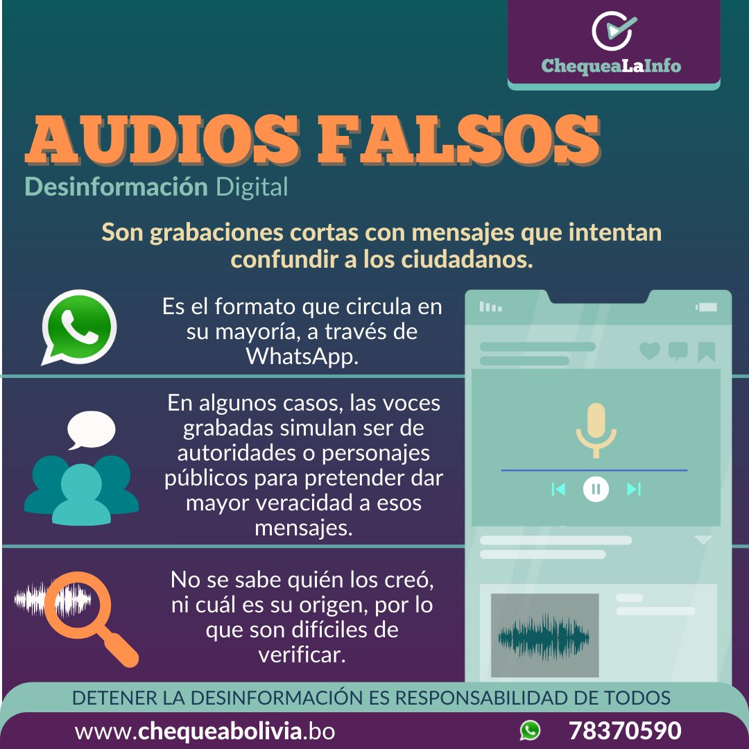 MicaSabja's tweet photo. ¿Sabes cómo detectar un #audiofalso?
#TomaNota a estos 👇 tips de @ChequeaBolivia
#desinformación #EntiendesOMueres https://t.co/nIZrOFyyD9