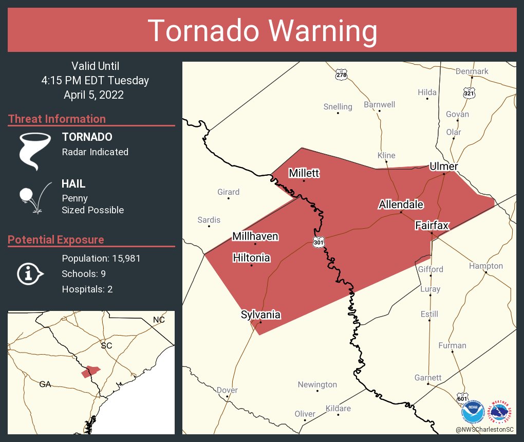 NWS Charleston, SC on Twitter "Tornado Warning including Allendale SC