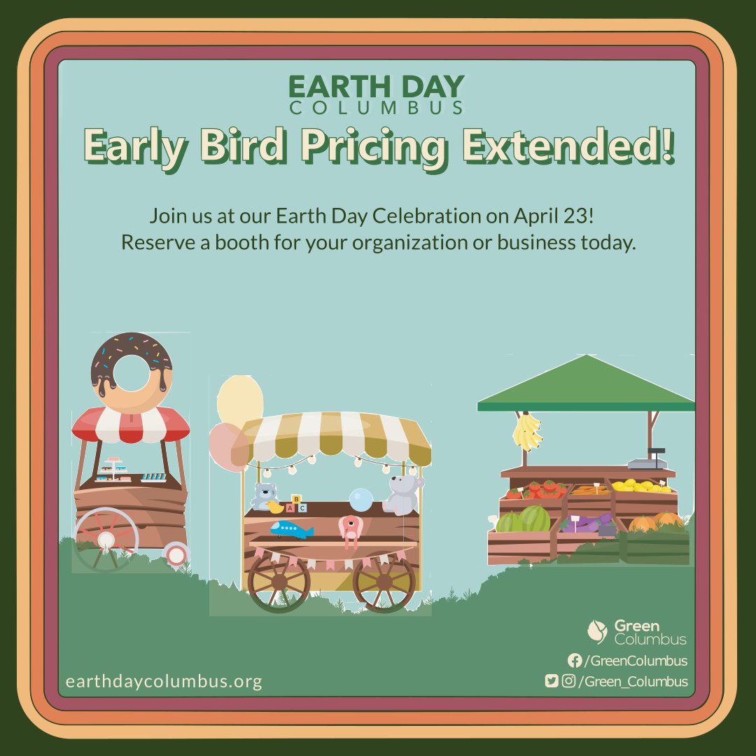 Join Green Columbus at our Earth Day Celebration on April 23 from 12-7 pm! The opportunity to reserve your booth at our discounted rate ends soon.

Share with your friends at local non-profits or small businesses! Contact us or visit earthdaycolumbus.org/booths