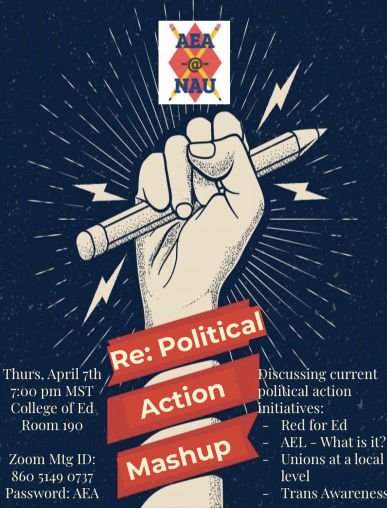 aeanau's tweet photo. Join us on Thursday to discuss current political action and looking into political climate actively impacting teachers in and outside their classrooms! This meeting will dive a little deeper into how we as aspiring educators can get involved! 
#aea #union #nauaea #politicalaction https://t.co/qRRl45L9is
