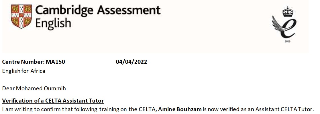 english_africa's tweet photo. Here is another first for English for Africa and for ELT in Morocco: We have just trained up the world's first Moroccan CELTA trainer; he is also the first CELTA trainer to be trained up in Morocco by a private company. 
Congratulations, Amine! #CELTAcourse https://t.co/dxPAkhngKS