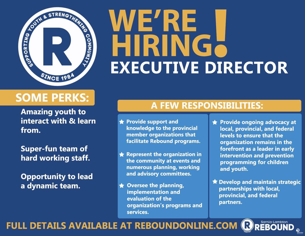 Do you think you have what it takes to lead Team Awesome as they strive to be the very best in their field of youth services? 

Rebound is looking for our next great fearless leader. Visit our website at reboundonline.com/jobs/executive… to learn more and to apply.  #sarnia #lambtoncounty