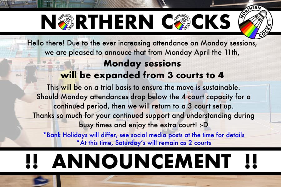 Northern_Cocks's tweet photo. We’re trialling 4 courts at our Monday sessions 👏🏽🙌🏼 can’t wait to see you there! ☺️ https://t.co/ajpLDWNdCt
