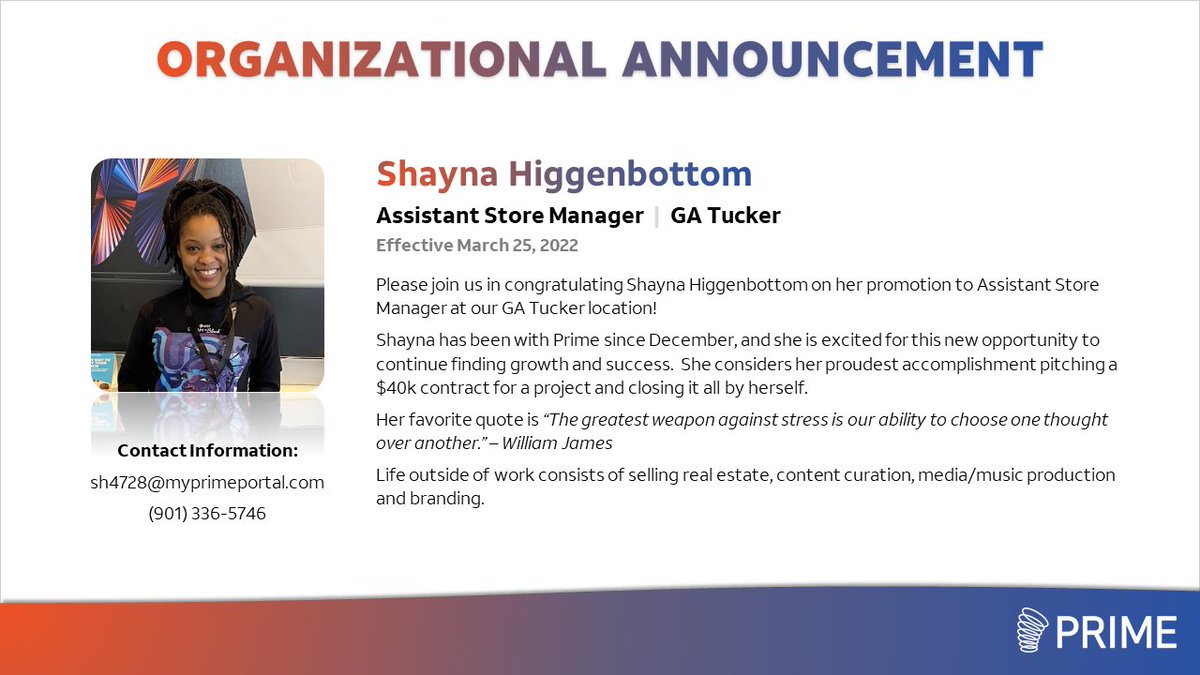 Let’s not forget that new ASM fire! Shayna is about to help assist with turning that store into a Flagship location very soon! <a href="/HowardWeems/">Howard Weems</a> <a href="/geoffpadilla/">Geoff Padilla</a> <a href="/AkbarPRIME1/">Akbar M</a> <a href="/PrimeComms/">Prime</a>
