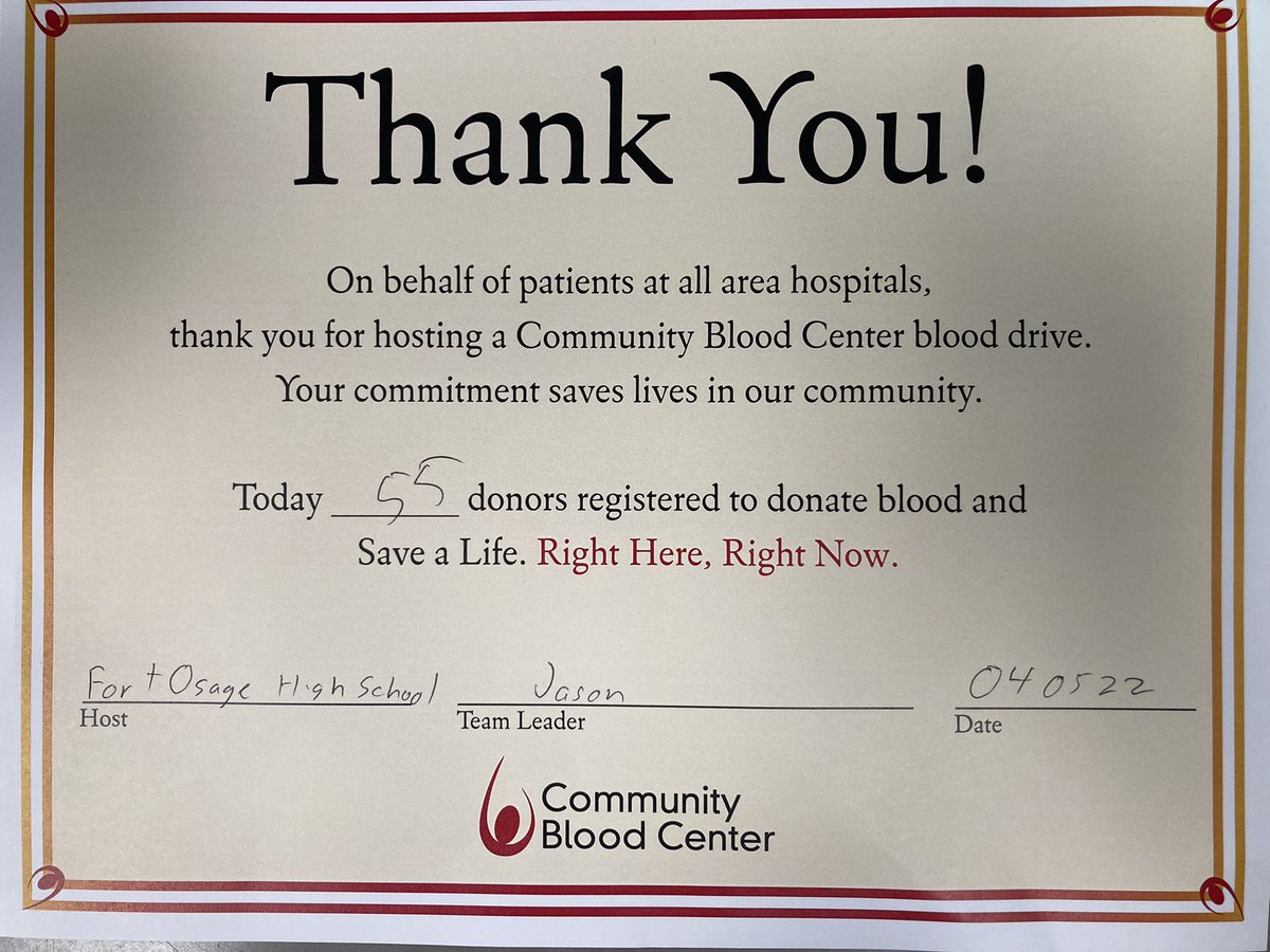 FortNHS's tweet photo. Huge thank you to everyone who came by to donate blood. Their goal for us was 35 donors and we knocked it out of the park with 55! #FortPride #FortServes #cbckc https://t.co/yZszjLZ92x