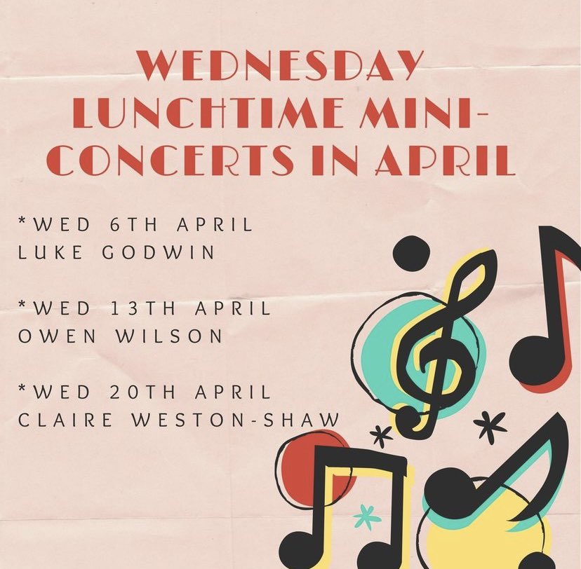 Wednesday lunchtime mini-concerts in April, 1-2pm, starting from tomorrow 🎼! If you need a break from work, meeting some friends or just want to sit down and watch the world go by - pop over to see us! Enjoy some lovely tunes over a cup of coffee and delicious food! ❤️.