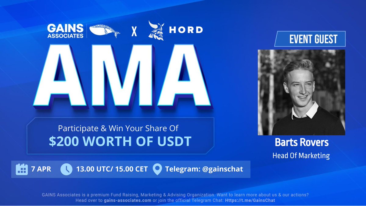 GainsAssociates's tweet photo. Welcoming Barts Rovers from @hordapp —QUIZ &amp; AMA

Ask questions below and on Telegram (https://t.co/DcmemHrUYp) on 07-04-2022 at 13:00 UTC to win your share of $200 $BUSD

In order to win, RT this message &amp; follow them 
@hordapp 

#GainsAMA https://t.co/PpJowUIcXb