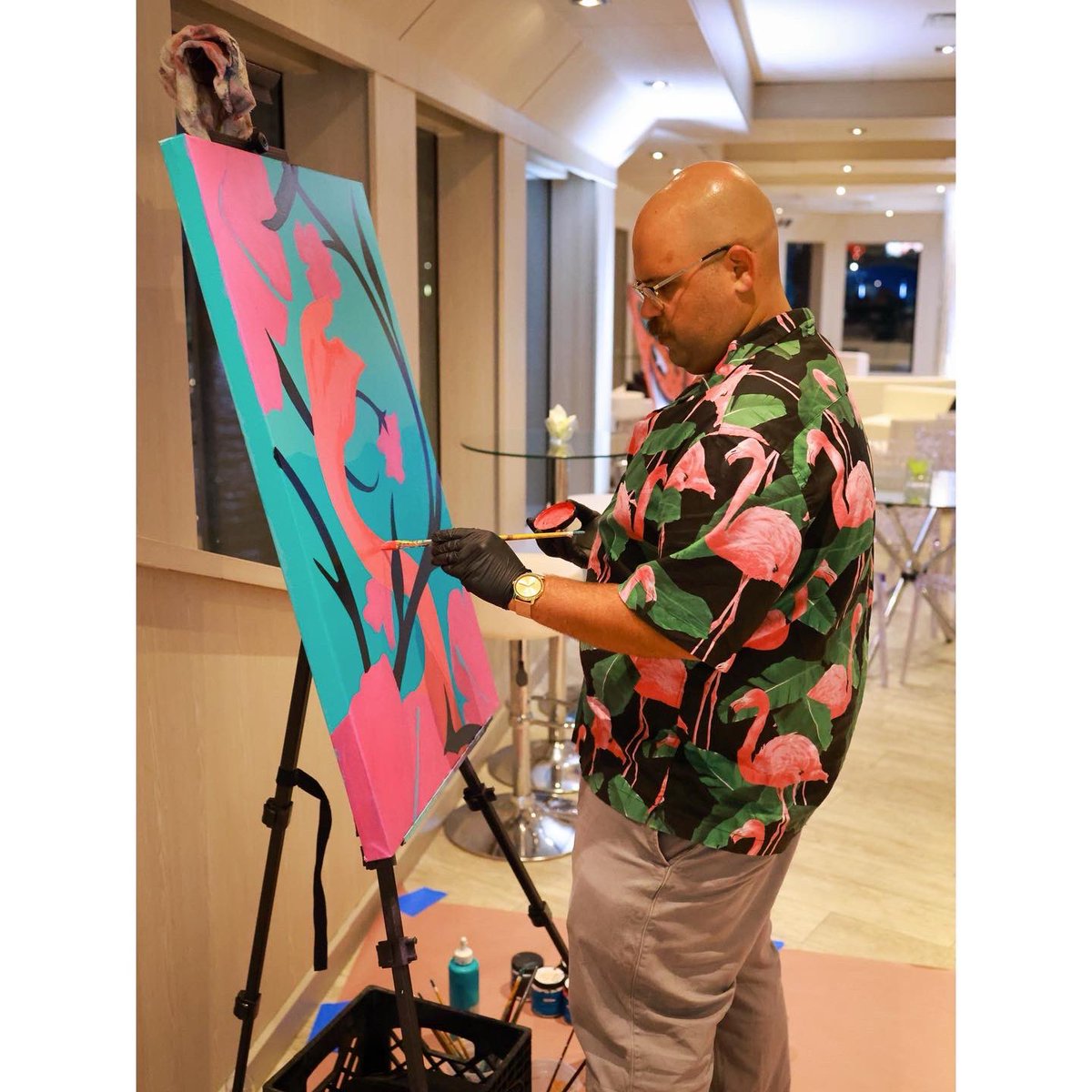 wyn317's tweet photo. This beautiful rendition of the stately flamingo by Ivan Roque was painted live during the special event for the South Beach Wine & Food Festival in partnership with Robert Mondavi. Now available for purchase. Please DM us for inquiries.#ivanroque #wyn317 #sobewff #miami https://t.co/89mh8PlFmA