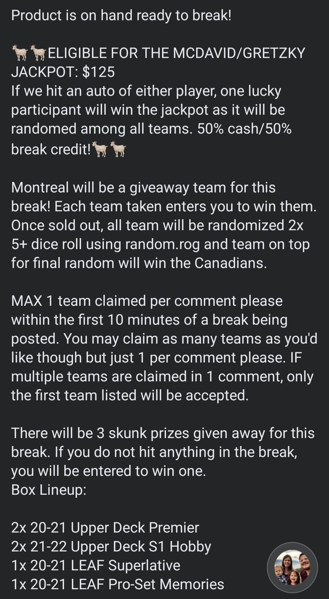 FlyingVCards's tweet image. 🏒 Jump into our next 6 Box Pick Your Team #GroupBreak 🏒 

Every team taken enters you to win the Montreal Canadiens for the break 🔥 Details attached.

Send me a message or comment to join👊

🇨🇦 prices &amp;amp; includes FREE worldwide shipping for all hits!

#FlyingVCards #PullingFire