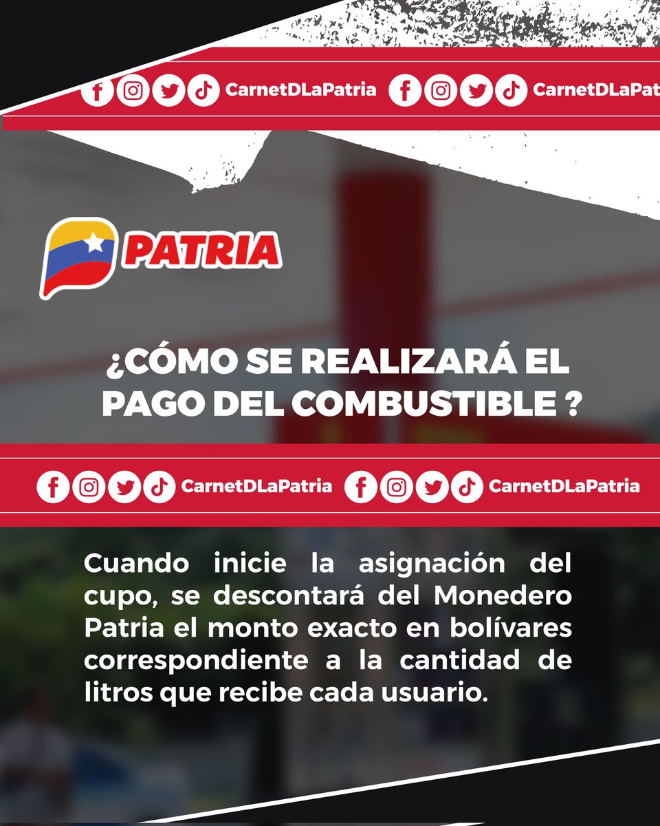CarnetDLaPatria's tweet photo. #IMPORTANTE ¿Sabes cómo se realizará el pago del COMBUSTIBLE?
El #SistemaPatria te informa como, solo has click aquí=> https://t.co/cs9zoSFJwc

#VenezuelaTerritorioDePaz #5Abr https://t.co/GUvjdTOK1s